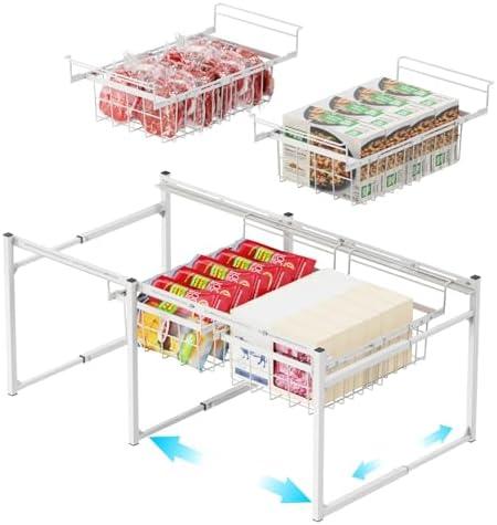 iSPECLE Freezer Organizer - Fits 14.8 to 16 Cu.Ft Large Deep Freezer, 4 Pcs Hanging Bins and 2 Tier Rack Divided Space into 3 Layers, Easy Slide to Get All Food, White