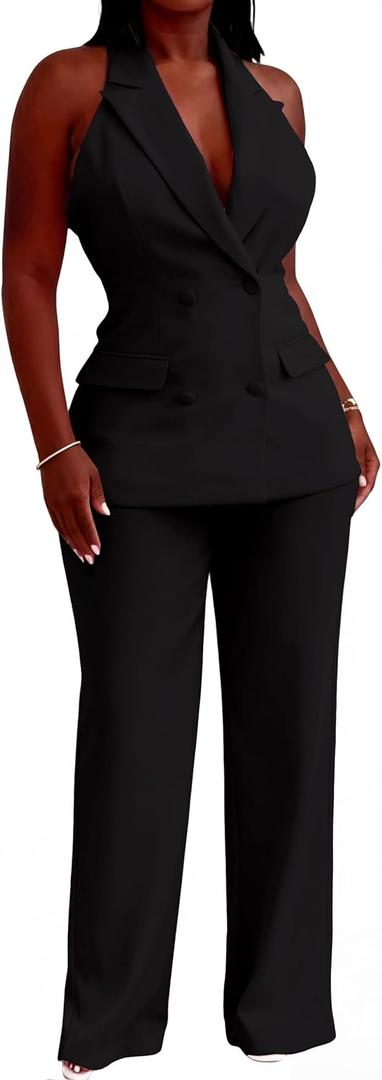 Women 2 Piece Suit Set Sleeveless Casual Business Pants Suiting Two Piece Outfit Professional Office Work Pantsuits Set,medium