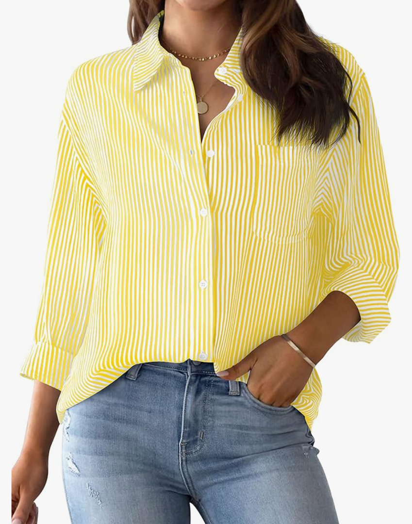 AISEW Womens Button Down Shirts Striped Classic Long Sleeve Collared Office Work Blouses Tops with Pocket Size M