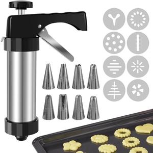 Gavigain Stainless Steel Cookies Press, Jerky Maker Biscuit Press Kit with 8 Cookie Discs and 8 Piping Tips for DIY Biscuit Maker, Sausage Stuffer