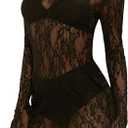 Women's Lace Mini Dress See Through Sheer Mesh Lingerie Dress Mock Neck Bodycon Dresses Party Outfits Clubwear,( X-Large, Black Pattern)