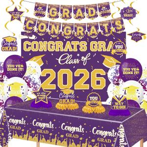 Staplefor Graduation Decorations 2026 Purple and Gold Party Decor Set include Congrats Grad Banner Graduation Backdrop Class of 2026 Balloons Party Supplies for High School & College Celebrations