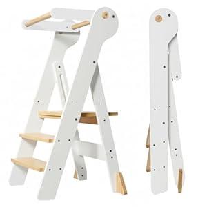 Foldable Toddler Tower, Kids Kitchen Step Stool, Height Adjustable Montessori Toddler Standing Tower with Safety Rail & Anti-Slip Design, Wooden Helper Stool for Ages 1–6 (White)