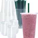 [100 SETS] 32 oz Clear Plastic Cups with Lids and STRAWS, Disposable Drinking Cups for Cold Drinks, Iced Coffee, Milkshakes, Smoothies (32oz.)