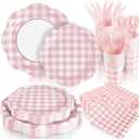 168Pcs Pink Gingham Plates and Napkins Party Supplies, Scalloped Checkered Disposable Mother's Day Paper Plates Set with Napkins Cups Plastic Cutlery for Birthday Wedding Baby Shower Party Supplies