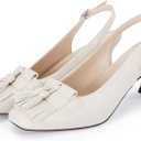 Coutgo Womens Slingback Kitten Heels Pumps Closed Square Toe Sexy Low Heel Tassels Party Wedding Dress Shoes (White)