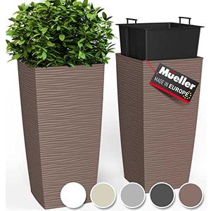 Mueller M-Resin Heavy Duty Tall Planters for Outdoor Plants, Indoor Grande Plant Pots, Boxes, Trees, Flower Pots, 2-Piece Set, 27,5", Modern Design, Built-in Drainage, Front Porch Decor, Mocha