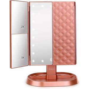 deweisn Trifold Lighted Vanity Makeup Mirror with 21 LEDs Lights,1x/2x/3x Magnification and Touch Screen Dimming,Two Power Supplies Makeup Mirror, Gift for Women