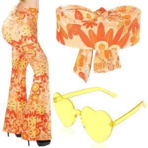 3 Pcs 60s 70s Outfit for Women Hippie Costume Set Disco Flared Pants Groovy Outfit Party Accessories M