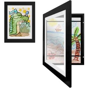 Kids Art Display and Photo Frame A4 Double Magnetic Closure for Wall or Stand, Holds 100 Artworks MDF Wood & Shatter-Resistant Plexiglass 13 9.5 0.8 in - (Black)