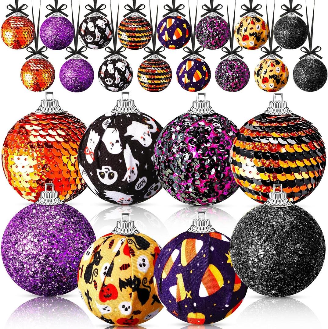 24 Pcs Halloween Ball Ornaments for Tree 2 Inch Halloween Tree Decorations Pumpkin Ghost Bat Spider Glitter Ornaments with Sequins for Party Indoor Outdoor Decor Spooky Style Decor