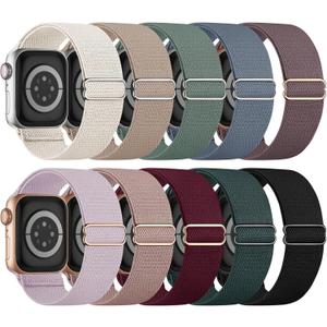 10 Pack Stretchy Bands Compatible with Apple Watch Band, Women Men, Water-Resistant Solo Loop Elastic Sport Straps for iWatch, Size: 44mm/45mm/46mm/49mm/Series 3 42mm (Black/Pink/Starlight/Milk Tea/Cactus/Smoke Violet/Blue Gray/Lavender/Wine/Deep Green)