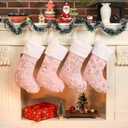 Pink Christmas Stockings Set of 4 - Lage Elegant Faux Fur Xmas Stockings with Silver Christmas Tree Snowflake Designs, Pink Christmas Decoration for Holiday Party Home