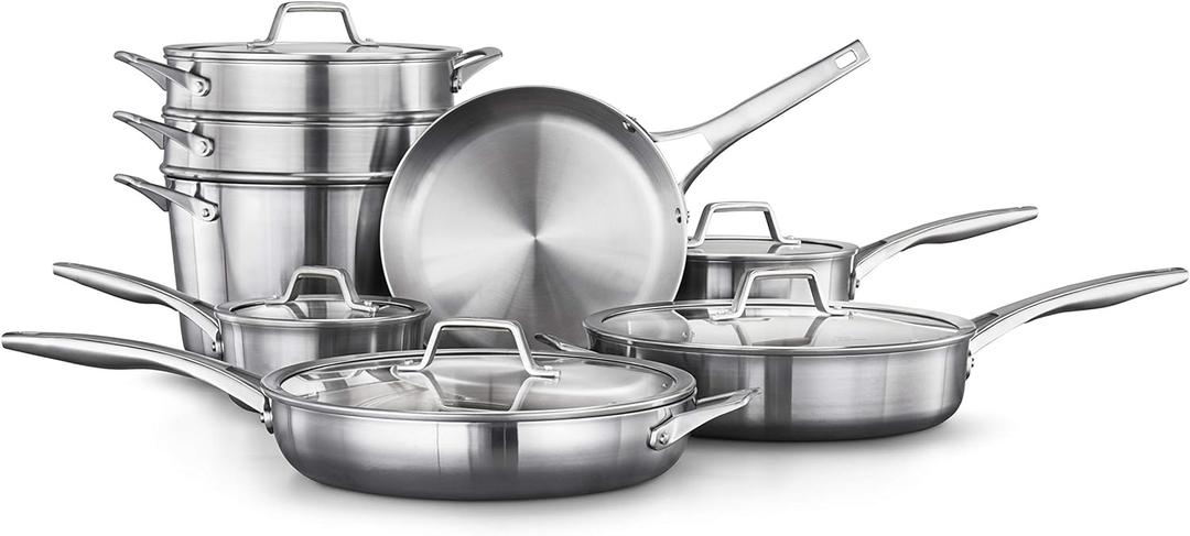 Calphalon 3-Ply Stainless Steel Cookware Set 13 Piece Includes Frying Pans, Pots and Pans Set, Induction, Metal Utensil Safe, Oven Safe 500F,PFOA Free, Silver