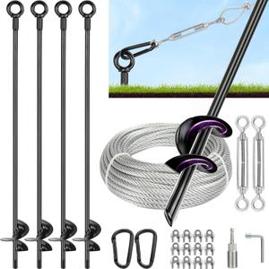 Tinnmao 30 Inch Ground Anchors Heavy Duty, Steel Screw-in Shed Anchor Kit with Galvanized Cable & Turnbuckle, for Sheds, Trailers, Mobile Homes, Trampolines, Camping Tents & RVs (4 PCS)