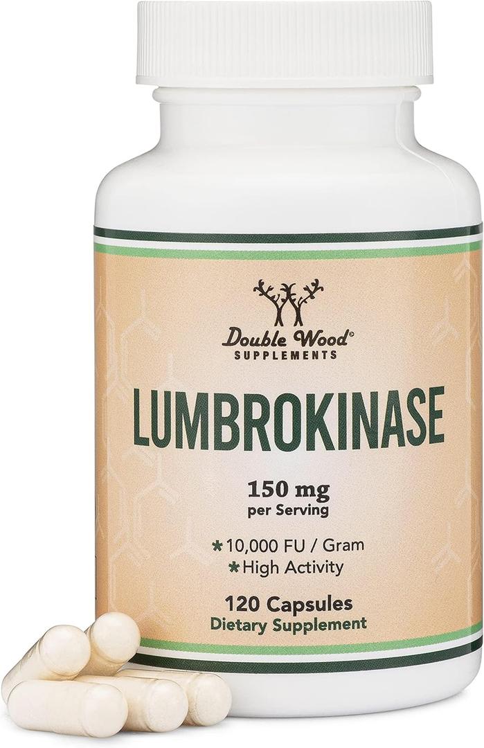 Lumbrokinase Enzymes Supplement - 120 Capsules (Max Activity 10,000 FU/Gram) 150mg per Serving (No Fillers, Non-GMO, Gluten Free) for Cardiovascular and Blood Circulation Support by Double Wood, 01/2027
