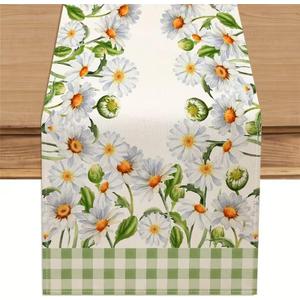 Green Buffalo Grid Spring Floral Daisy Table Runner , Seasonal Summer Kitchen Dinning Table Decoration for Home Farm Party Indoor Outdoor Decor 13x60 Inch