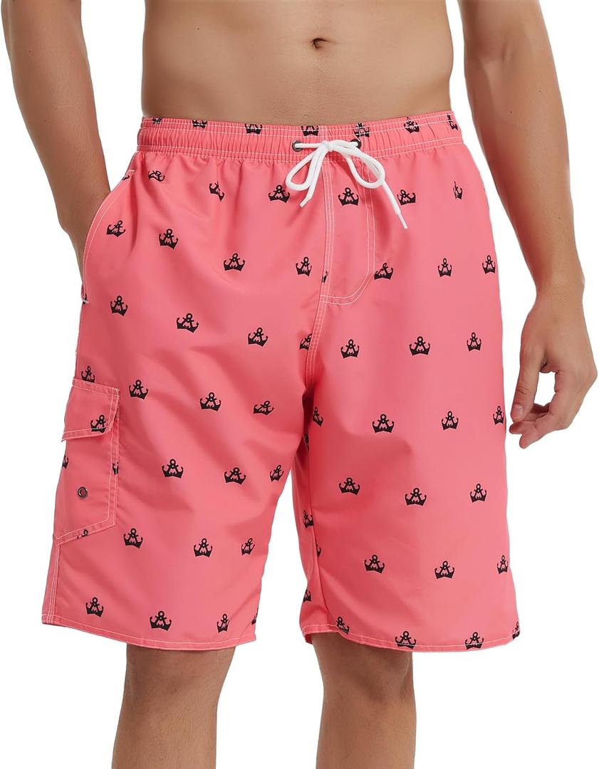 Landisun Mens Swim Trunks Board Shorts Swimsuit Swimwear Swim Shorts Bathing Suits Quick Dry with Mesh Lining (Pink, XXXL)