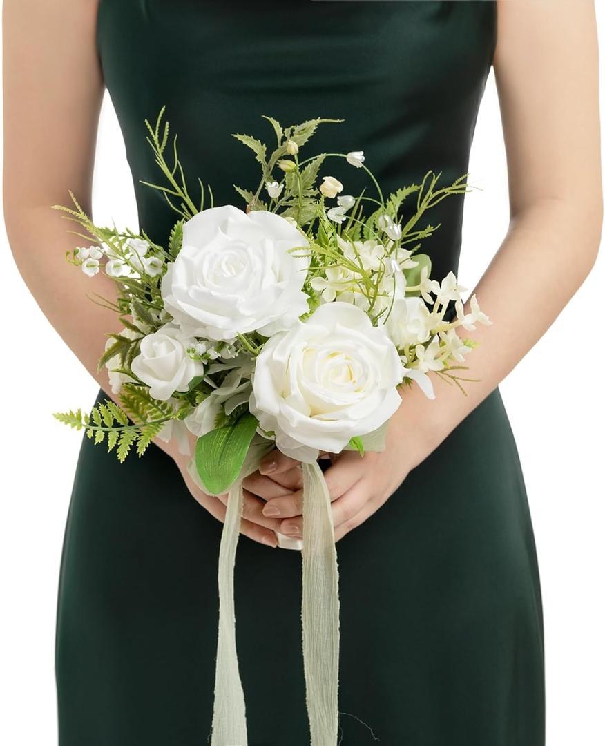 Ling's moment Lily White Artificial Wedding Flower Bouquets for Bridesmaids Floral Bouquet 7 Inch Bridesmaid Bouquets with Ribbon Ceremony Anniversary,7-inch Diameter (Wht-lily of the Valley White)