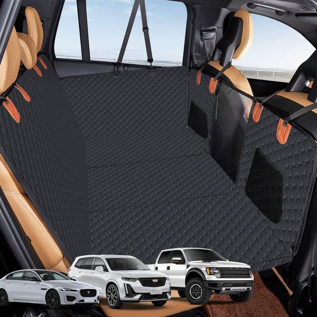 J-Paujii Dog Car Seat Cover for Back Seat Extender – Waterproof, Scratchproof & Nonslip Hammock, Heavy Duty Hard Bottom Pet Mat for Cars, SUVs & Trucks-Perfect for Travel, Holds Up to 600 lbs