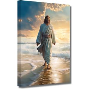 LZIMU Jesus Canvas Wall Art Jesus Walking on the Beach Picture Prints God Posters Catholic Artwork for Spiritual Room Bedroom Home Decor Framed (Jesus-3, 12.00"x18.00")