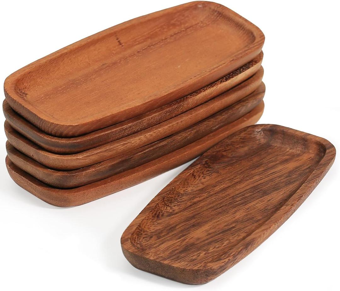 Mini Wooden Serving Platters and Trays, 7-inch Solid Acacia Wood Serving Plates for Food/Snacks/Appetizer, also as Jewelry Trays, Mini Charcuterie Board and Cheese Platter, Reusable (6 PCS) (Brown)