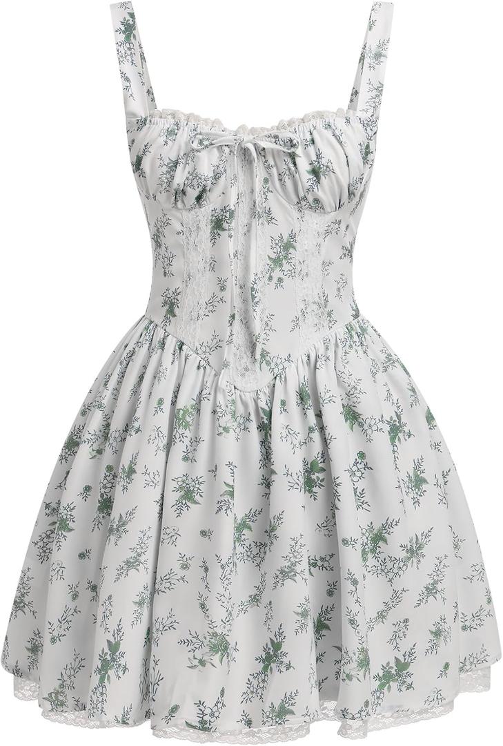 Womens Floral Printed Corset Dress Spaghetti Strap Flare Summer Midi Dress Lace Trim Cami Dress Flowy Sundress (X-Large, Green Leave)