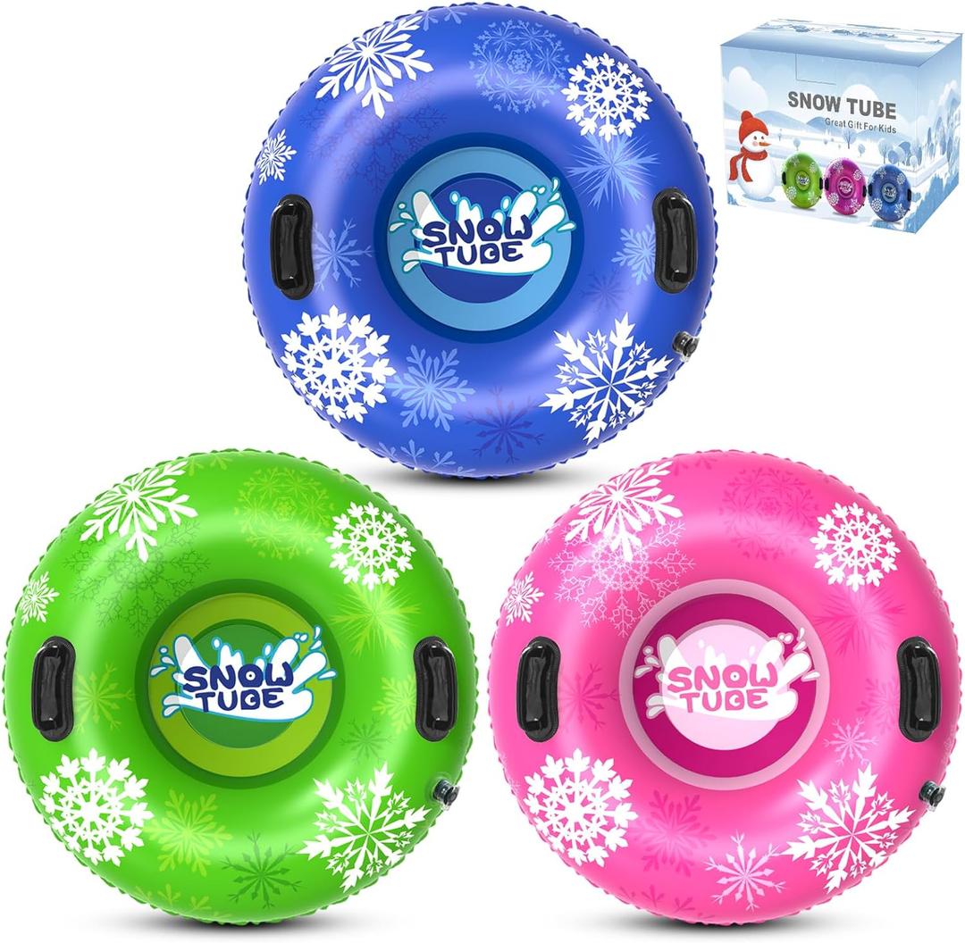 Snow Tube, 3Packs/4Packs for Whole Family Inflatable Snow Sled for Kids and Adult, Thickened Heavy Duty Hard Bottom Sleds for Snow with Handles, Snow Toys for Outdoor Sledding Snow Tube Sports (Green, Red, Blue)