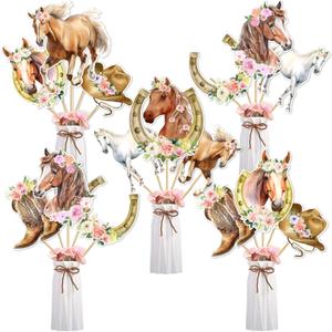 24Pcs Horse Centerpieces Sticks Table Decorations for Girl, Horse Themed Birthday Party Supplies, Racing Horse Western Cowgirl Pink Floral Centerpieces Table Toppers Home Decor