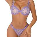 Lilosy Sexy Underwire Cute Push Up Strappy Embroidered Mesh Sheer Lingerie Set See Through Panty Bra (L)