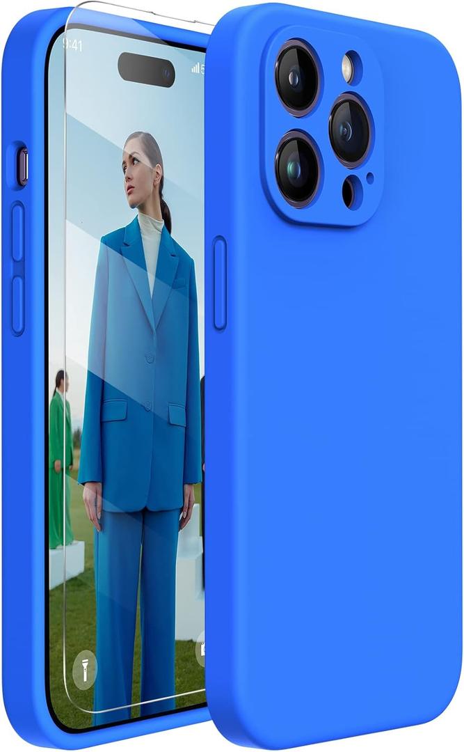 Miracase Designed for iPhone 14 Pro Max Phone Case with Screen Protector,[Upgraded Enhanced Camera Protection],Shockproof Liquid Silicone Case with Microfiber Lining,6.7 inch, Mediterranean Blue