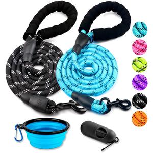 COOYOO 2 Pack Dog Leash 5 FT Heavy Duty - Comfortable Padded Handle - Reflective Dog Leash for Dogs with Collapsible Pet Bowl (Set 2-Black+Blue)