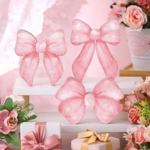 3 Pcs Pink Bow Coquette Room Decor Valentine Day Decor Wooden Sign Preppy Room Party Decoration Girly Pink Bows Tiered Tray for Home Dorm Wall Desk Shelf Tabletop(Bow Style)
