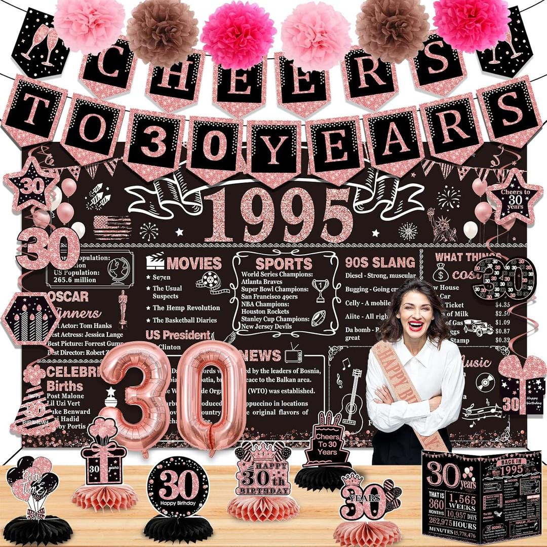 30th Birthday Decorations for Women ,24PCS 1995 Banner Decorations,Including Banner,6 Honeycomb Topper,30 Balloons,Anniversary Card,Cheers to 30 Years Banner,7 Hanging Swirl,6 Paper Poms,Sash