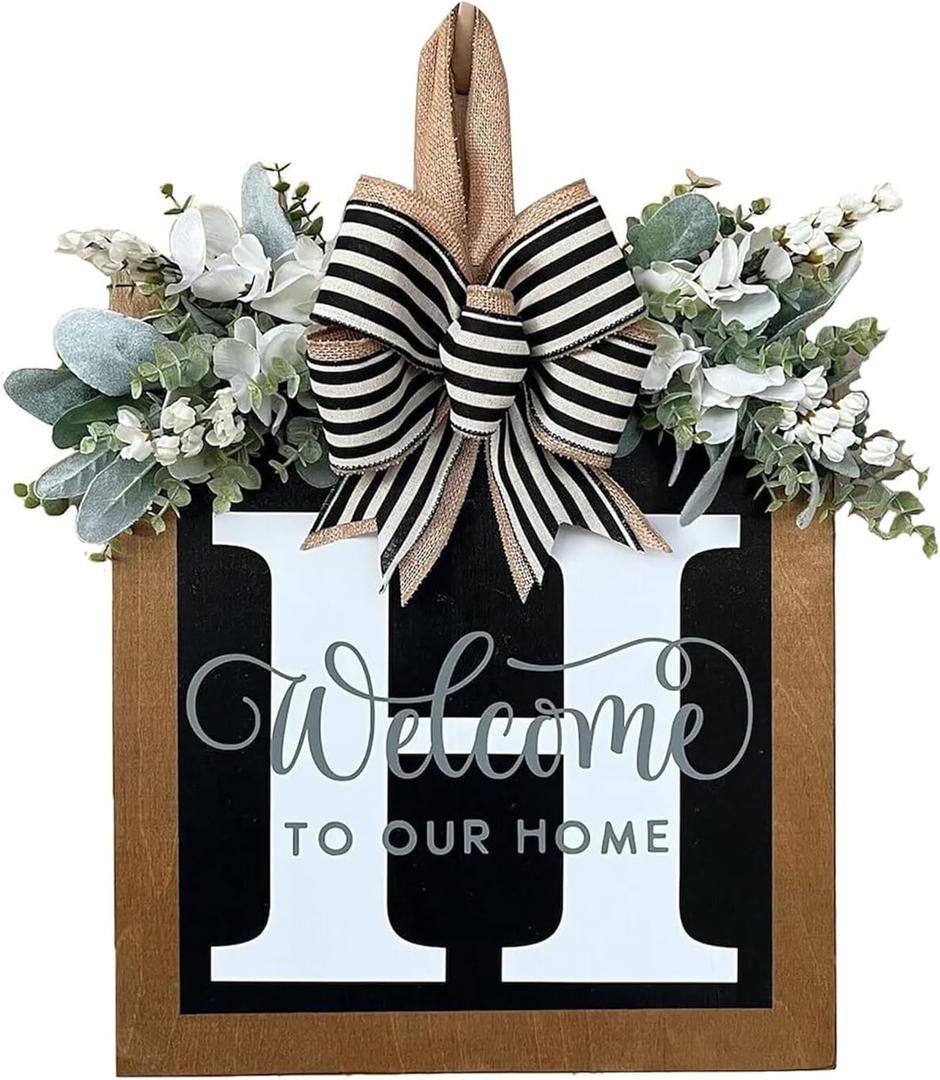Last Name Year Round Front Door Wreath Front Porch Decoration 26 Letter Welcome Sign with Eucalyptus Garland and Bow Spring Wreaths for Front Door Outside Hanger GarlandH