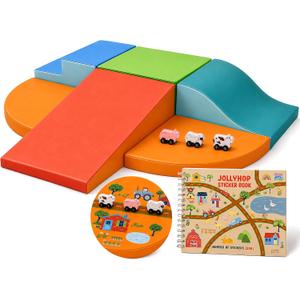 6-Piece Foam Climbing Blocks for Toddlers with Wooden Cars & Sticker Book, Glow in the Dark Race Track Soft Play Set, Indoor Kids Climbing Toys, CertiPUR-US® Foam, PU Leather