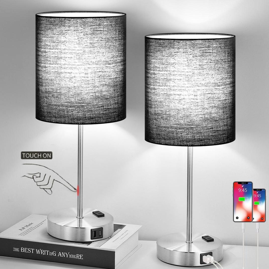 Lynnoland   Set of 2 Touch Control Table Lamps with 2 USB & AC Outlet, 3-Way Dimmable Bedside Nightstand Lamps for Bedroom Living Room Nursery, 800 Lumens 5000K Daylight Bulbs Included (Black & Brushed Nickel(Base)-Two 5000K Bulbs Included)