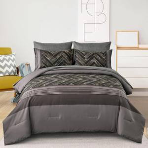 Luxudecor Grey Comforter Set Queen Size, 7 Pieces Grey and Black Stripe Bed in a Bag, Geometric Comforter and Sheet Set, Soft Microfiber Complete Bedding Sets for All Seasons