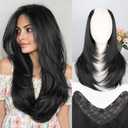 QGZ Black Clip in Hair Extensions for Women Long Straight Layered Synthetic Hair with 5 Clip One-Piece Design, Soft & Face Framing 22 Inch