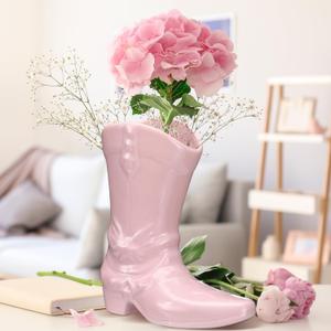 CroBlissful 8.7 Inch Cowgirl Boot Vase for Book Shelf Ceramic Cowboy Decoration Arrangements Nice Western Country Accent Vase Unique Boot Planter for Modern Aesthetic Room Wedding Decor (Pink)