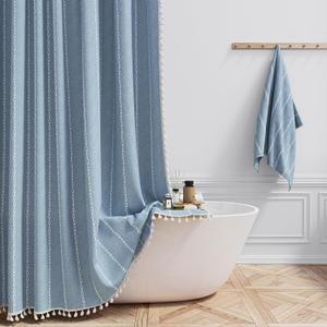 BTTN Boho Shower Stall Curtain - 36x72 Narrow Linen Ultra Thick Striped Tassel Fabric Shower Curtain Set with 6 Hooks, Half Modern Farmhouse Cottage Weighted Cloth Shower Curtains for Bathroom - Blue