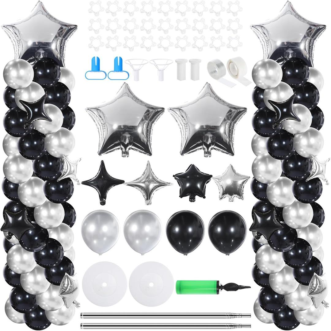 Gejoy 110 Pcs Black Silver Balloons Column Stand Kit Adjustable Tower Stand from 1.4 to 6.6 ft with Bases for Graduation Wedding Birthday Baby Shower Party
