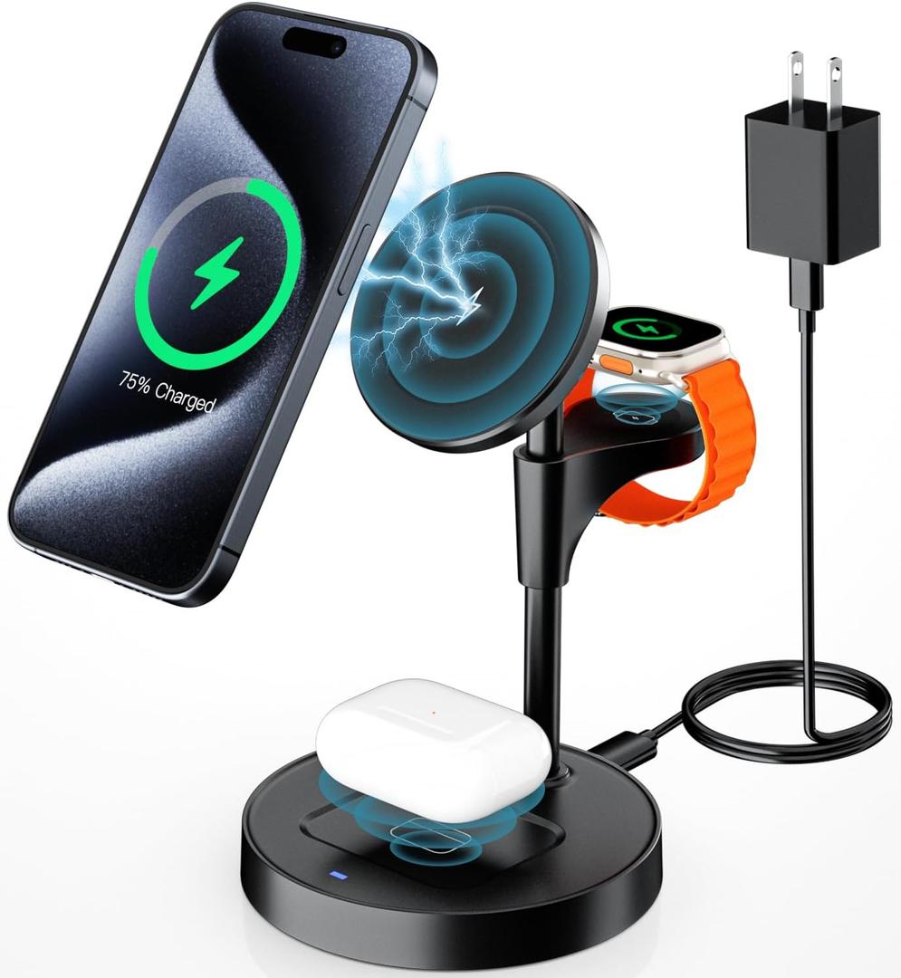 KPON for Magsafe Wireless Charging Station, 15W Fast Magnetic 3 in 1 Wireless Charger Stand, Multiple Devices Dock for iPhone 16 15 14 13 12 /Apple Watch/AirPods (with PD 20W Adapter) (Carbon Black)
