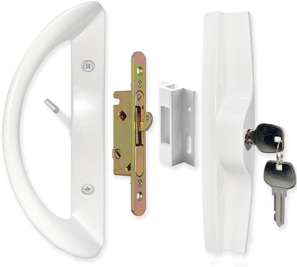 Patio Sliding Door Handle Set with Mortise Lock, Key Cylinder and Keeper, Replacement Handle Lock Set Fits Door Thickness from 1-1/2" to 1-3/4", 3-15/16" Screw Hole Spacing, Keyed, White