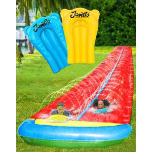 JAMBO 31.5Ft Extra Long Water Slide and 2 Bodyboards, Heavy Duty Slip Splash and Slide with Inflatable Crash Pad, Summer Water Toy Sprinkler, Backyard Outdoor Water Fun n Toys for Kids, Splash Mat