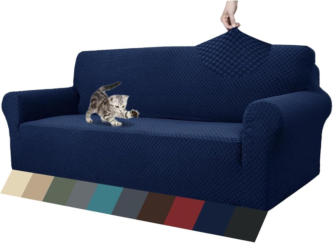 ZNSAYOTX 1 Piece Jacquard Couch Covers for 3 Cushion Couch Living Room High Stretch Sofa Cover Pets Dogs Friendly Anti Slip Thickened Slipcovers Furniture Protector (Sofa, Navy Blue) (Large (71"-90"))