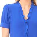 CeCe Women's Short Sleeve Button Ruffle Trim Top (Blue, M)