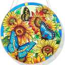 Hand-Painted Sunflower & Butterfly Stained Glass Suncatcher, 6.3'' Round Window Hanging, Ripple-Textured Bird Safe Glass, Gift for Mom Grandma, Decor for Kitchen Living Room Porch Patio