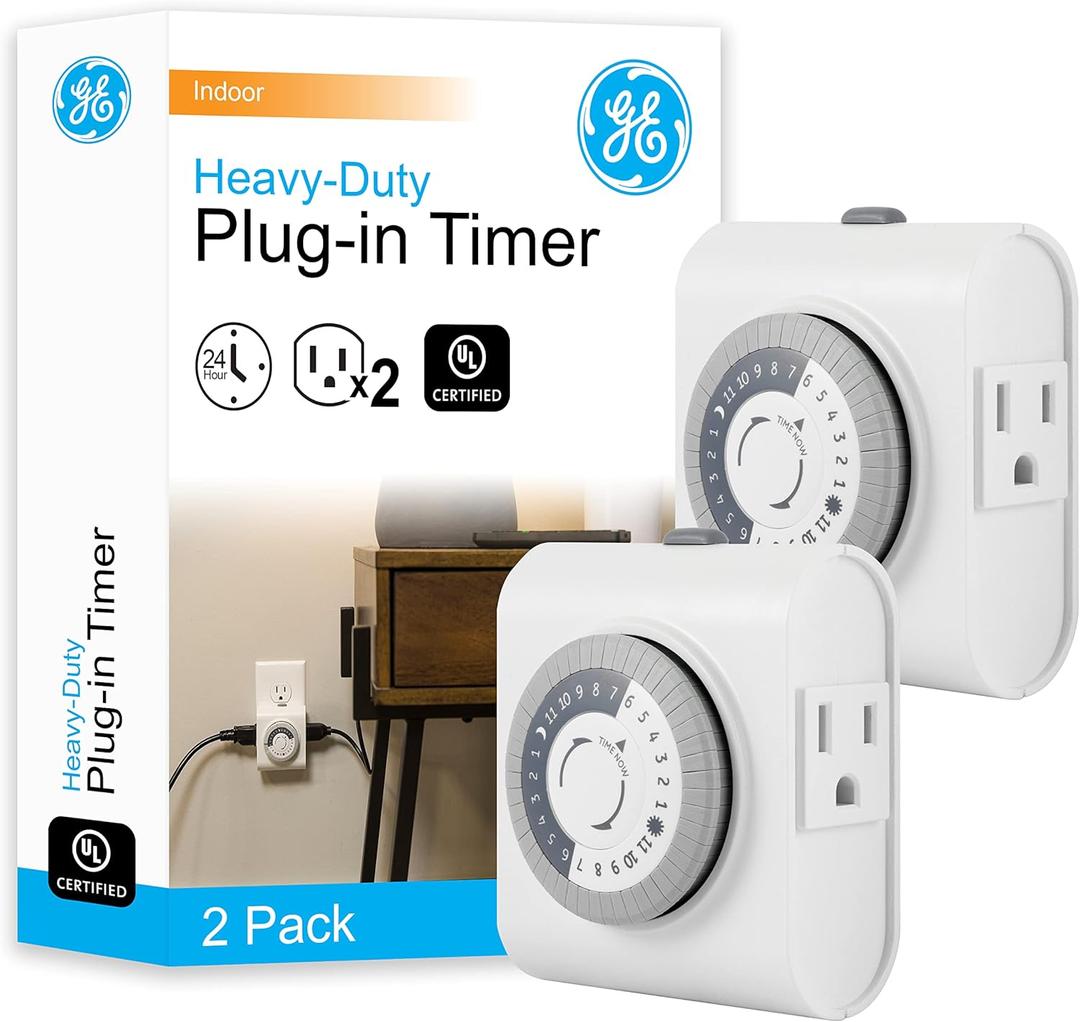 GE 24-Hour Heavy Duty Indoor Plug-in Mechanical Timer 2 Pack, 30 Minute Intervals, Daily On/Off Cycle, for Lamps, Seasonal Lighting, Holiday Decorations, 46211, Grounded 2-Outlet | Gray/White