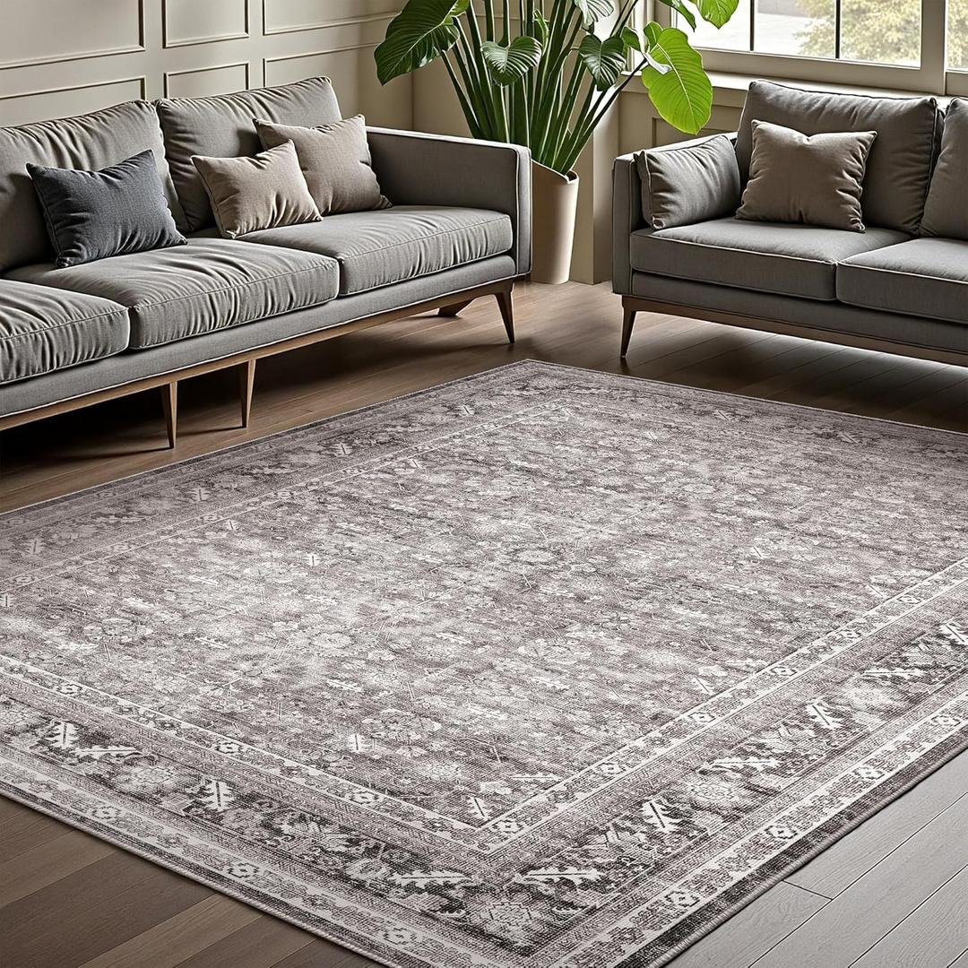 OPPODREAM Vintage Grey Area Rugs 5x7, 5 x 7 Retro Washable Rug Non Slip, Low-Pile Faux Wool Carpet, Distressed Gray Floor Mat for Living Room, Bedroom, Kitchen, Office, Dorm, Dinning Room